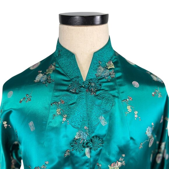 Vintage 1940s Emerald Green Satin Kimono Top Floral Embroidered Size 38 - Picture 6 of 9